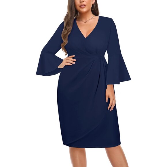 Plus Size Work Dress Polyester Blend V Neck Bell Sleeves Knee Length - Picture 2 of 5